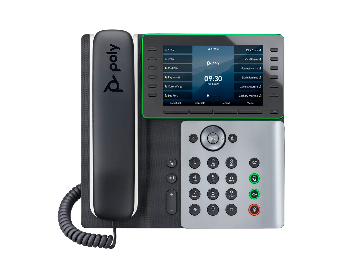 Poly Edge E550 executive VoIP desk phone, front view with colour display