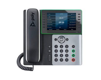 Poly Edge E550 executive VoIP desk phone, front view with colour display