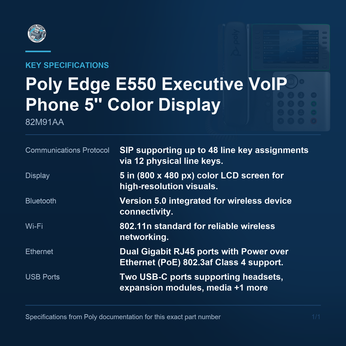 Poly Edge E550 Executive VoIP Phone 5'' Color Display 82M91AA key specifications