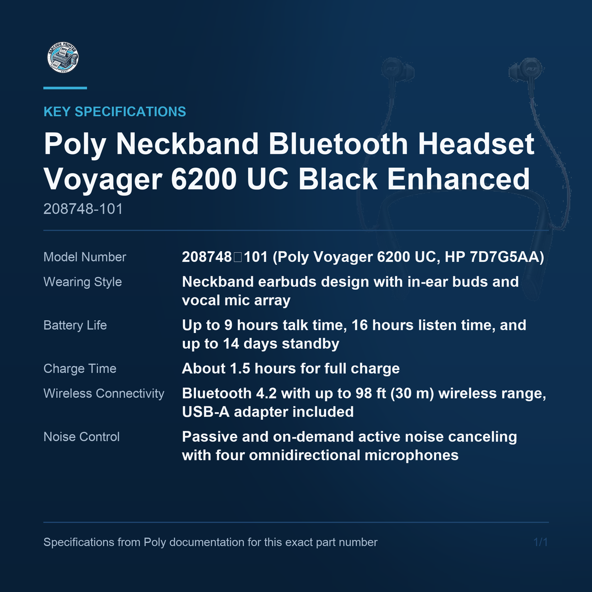 Poly Neckband Bluetooth Headset Voyager 6200 UC Black 208748-101 key specifications