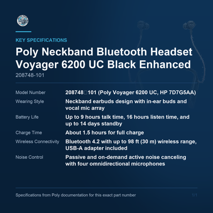 Poly Neckband Bluetooth Headset Voyager 6200 UC Black 208748-101 key specifications