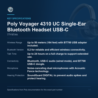 Poly Voyager 4310 UC Single-Ear Bluetooth Headset USB-C 77Y97AA key specifications