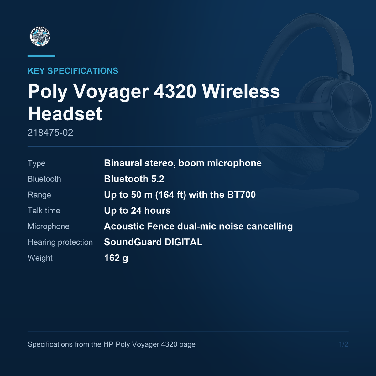 Poly Voyager 4320 Wireless Headset 218475-02 key specifications