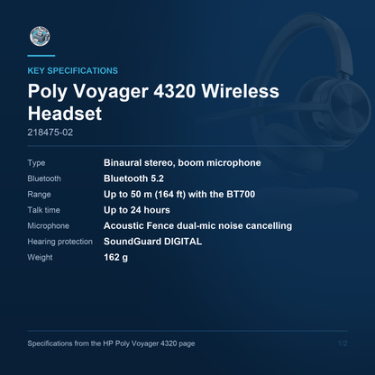 Poly Voyager 4320 Wireless Headset 218475-02 key specifications