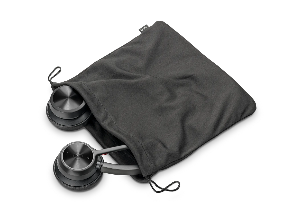 Poly Voyager 4320 UC stereo headset folded flat in its travel pouch