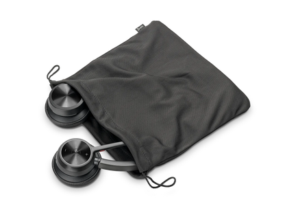 Poly Voyager 4320 UC stereo headset folded flat in its travel pouch