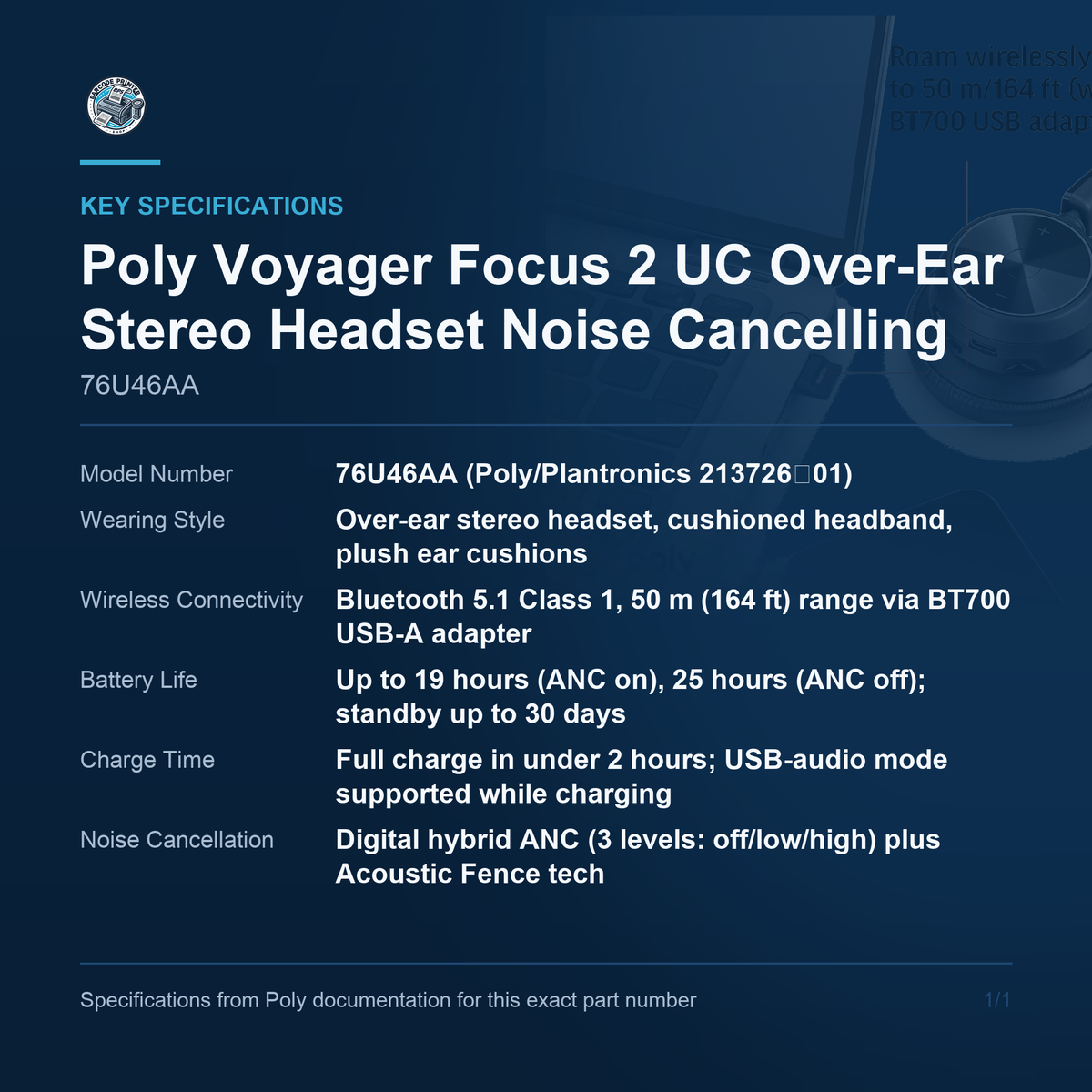 Poly Voyager Focus 2 UC Over-Ear Stereo Headset Noise 76U46AA key specifications