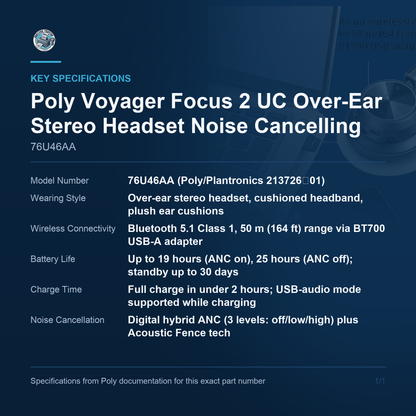 Poly Voyager Focus 2 UC Over-Ear Stereo Headset Noise 76U46AA key specifications