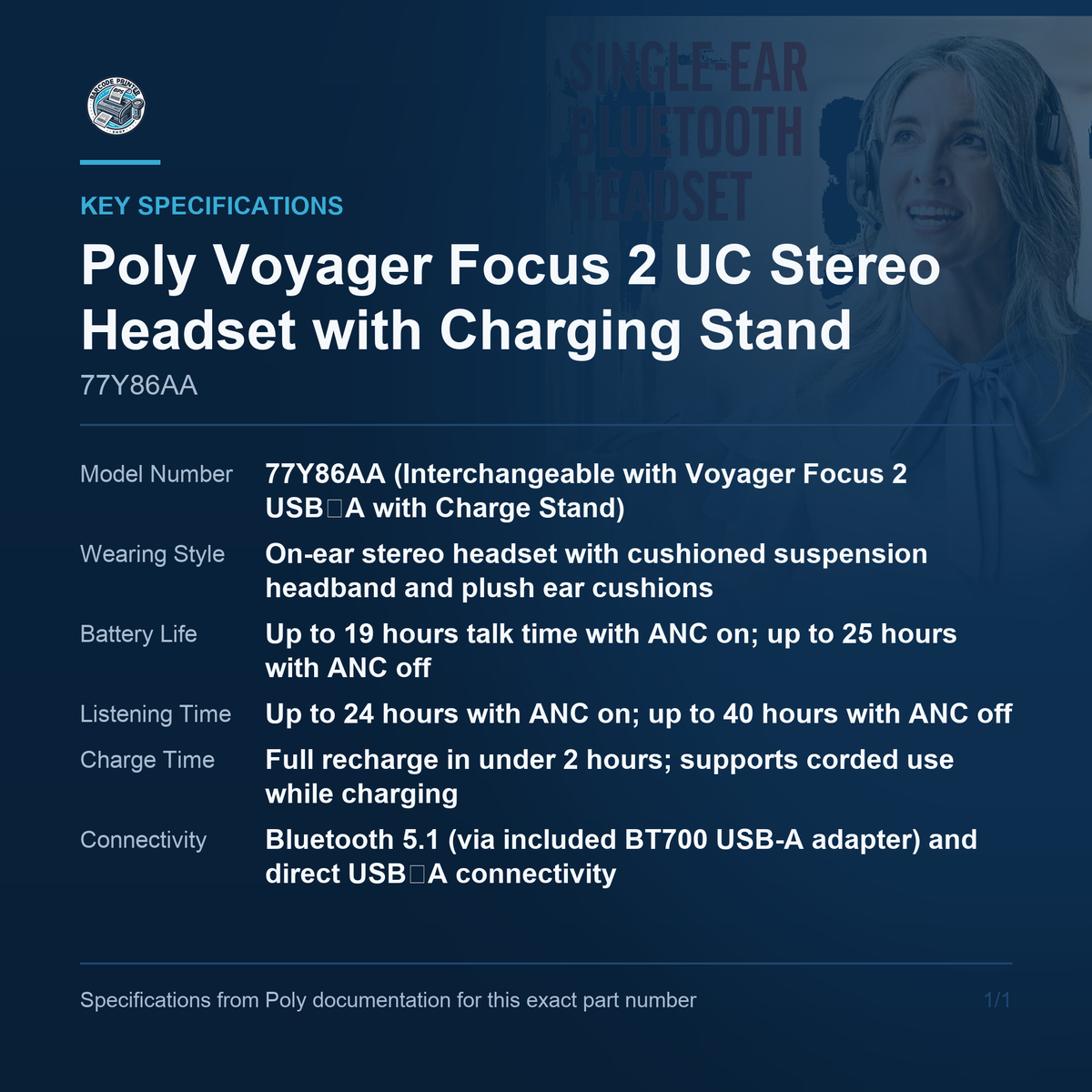 Poly Voyager Focus 2 UC Stereo Headset with Charging Stand 77Y86AA key specifications