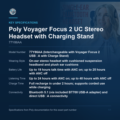 Poly Voyager Focus 2 UC Stereo Headset with Charging Stand 77Y86AA key specifications