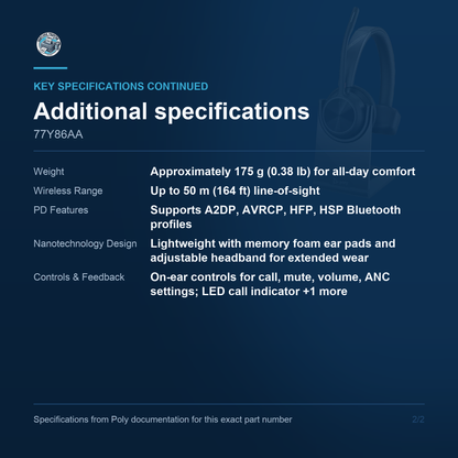 Poly Voyager Focus 2 UC Stereo Headset with Charging 77Y86AA additional specifications