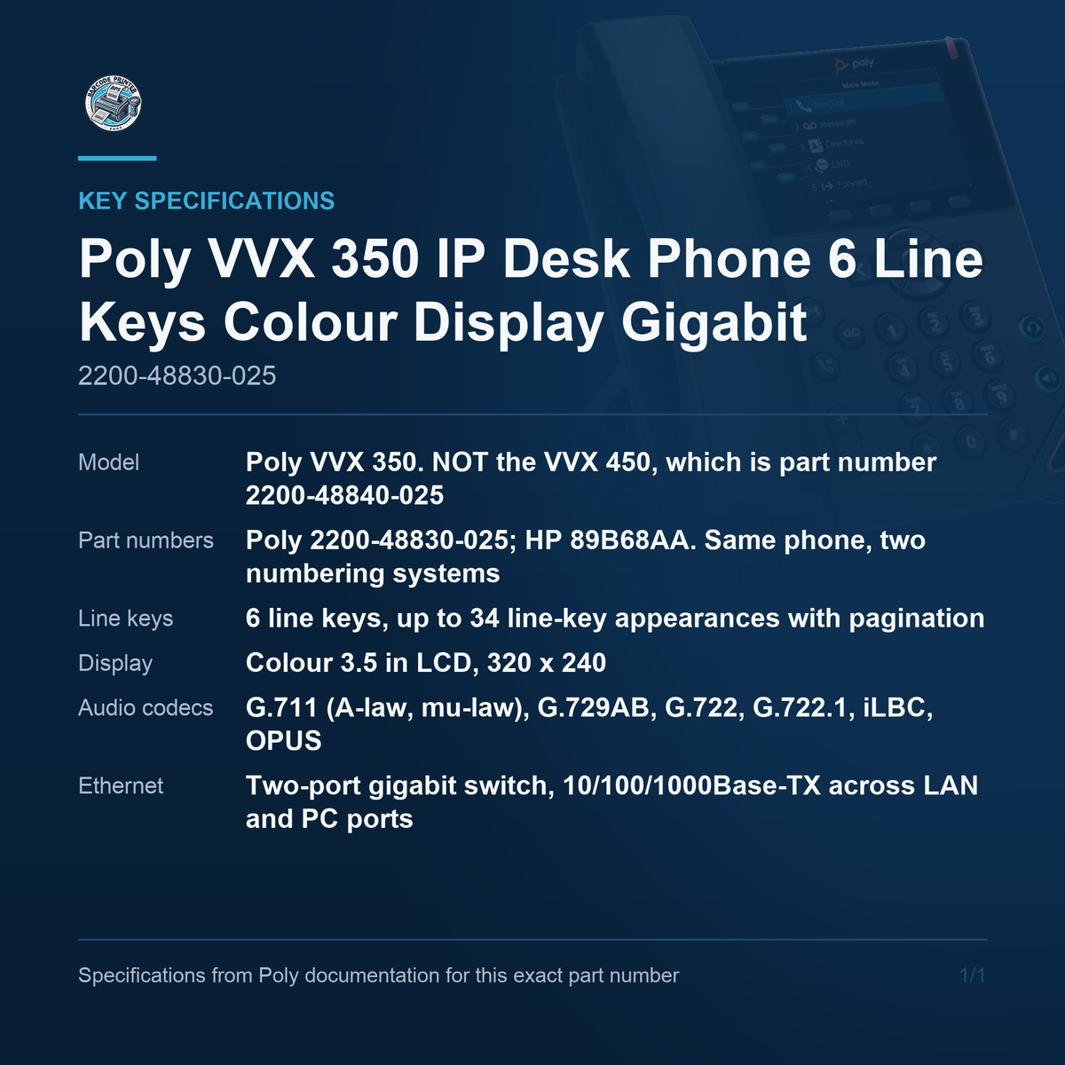 Poly VVX 350 IP Desk Phone 6 Line Keys Colour Display 2200-48830-025 key specifications