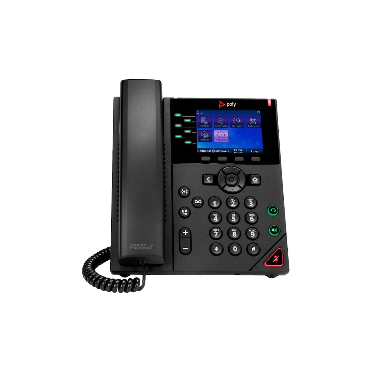 Poly VVX 350 IP desk phone in black, front view with the handset