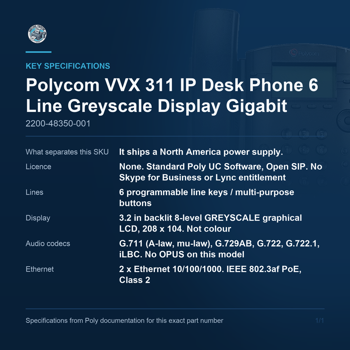 Polycom VVX 311 IP Desk Phone 6 Line Greyscale Display 2200-48350-001 key specifications