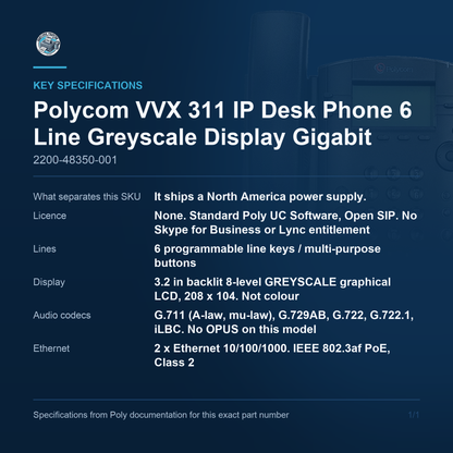 Polycom VVX 311 IP Desk Phone 6 Line Greyscale Display 2200-48350-001 key specifications
