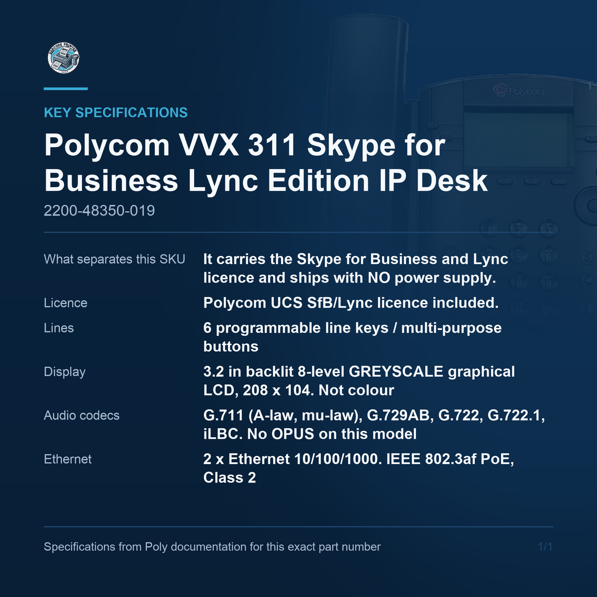 Polycom VVX 311 Skype for Business Lync Edition IP 2200-48350-019 key specifications
