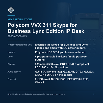 Polycom VVX 311 Skype for Business Lync Edition IP 2200-48350-019 key specifications