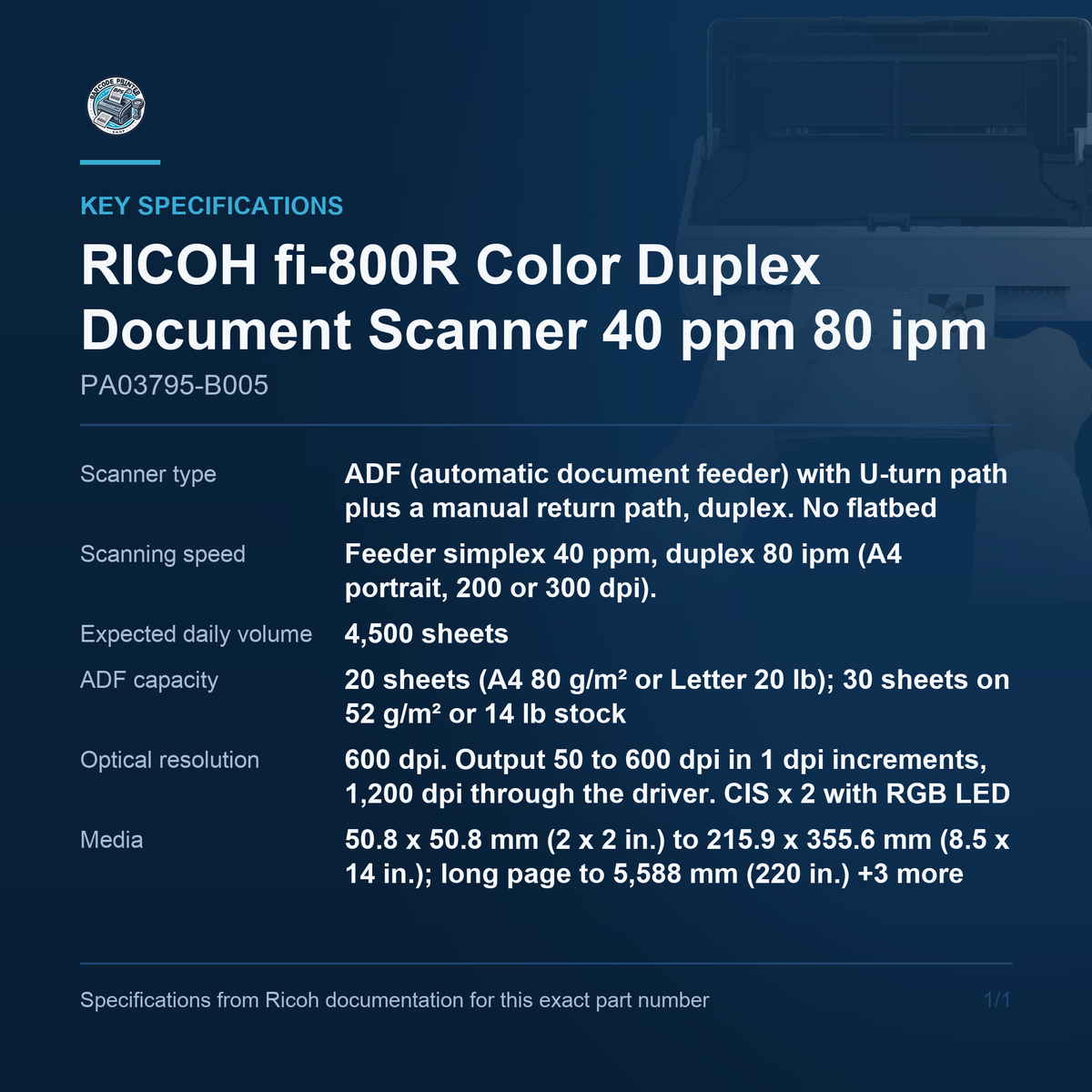 RICOH fi-800R Color Duplex Document Scanner 40 ppm 80 PA03795-B005 key specifications