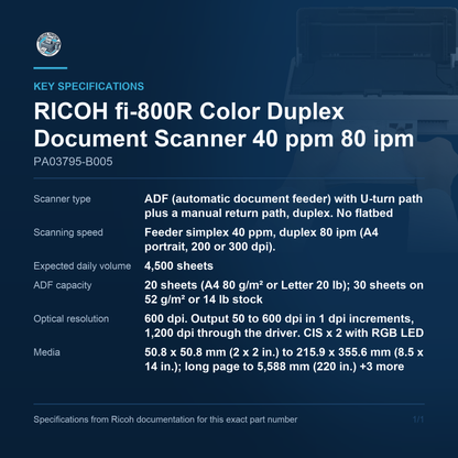 RICOH fi-800R Color Duplex Document Scanner 40 ppm 80 PA03795-B005 key specifications