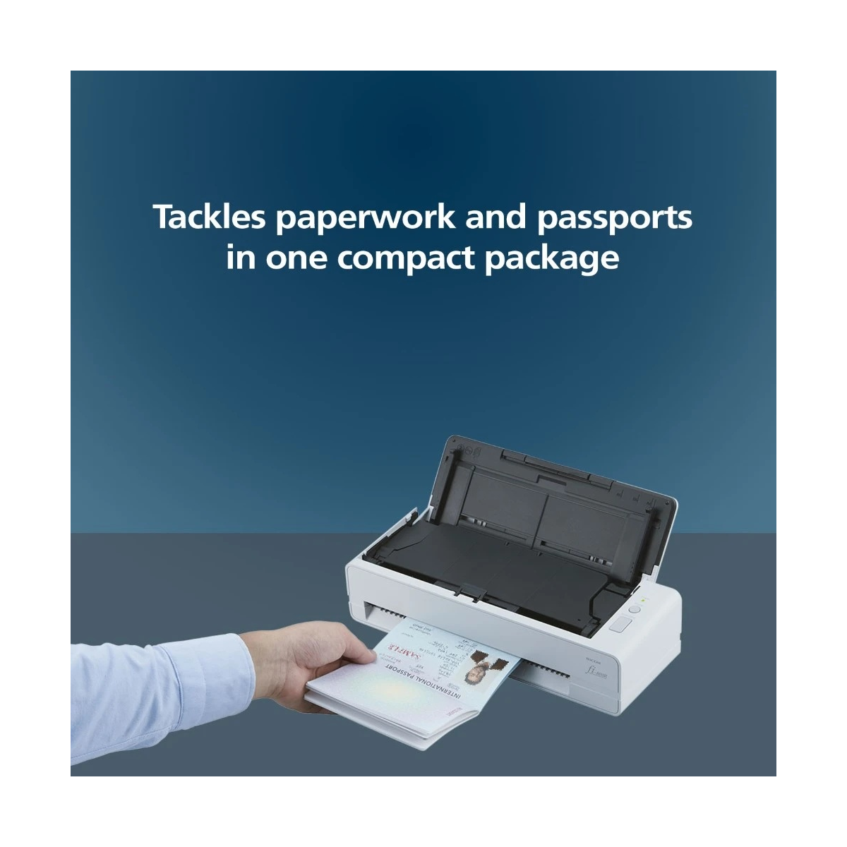 Ricoh fi-800R compact duplex document scanner, front three-quarter view