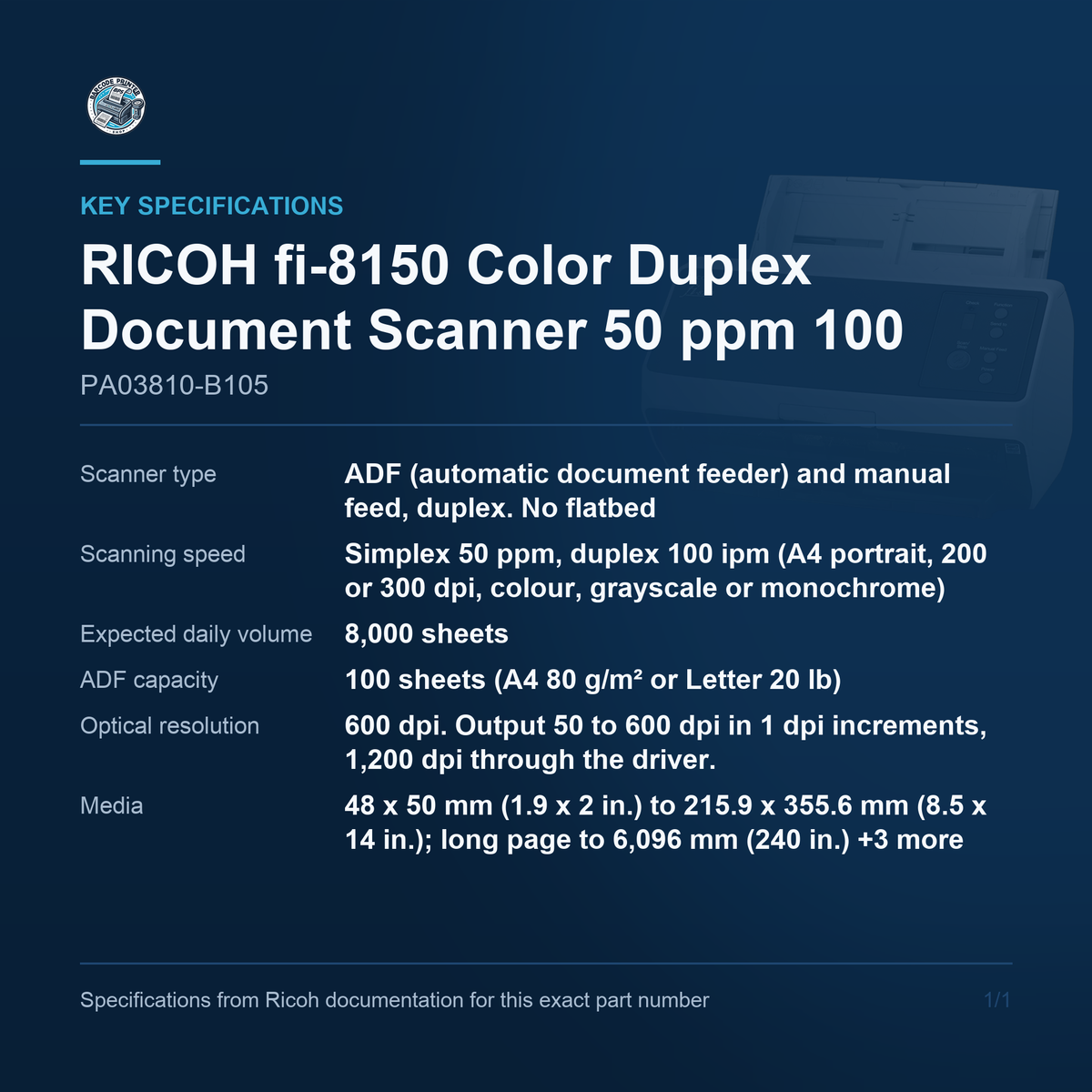 RICOH fi-8150 Color Duplex Document Scanner 50 ppm 100 PA03810-B105 key specifications