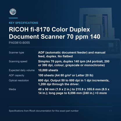 RICOH fi-8170 Color Duplex Document Scanner 70 ppm 140 PA03810-B055 key specifications