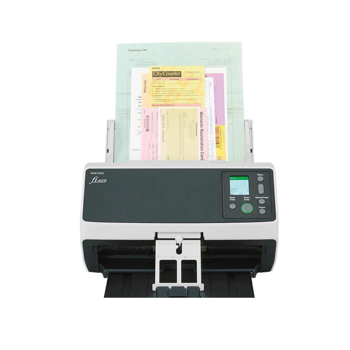 Ricoh fi-8170 document scanner with the ADF paper chute extended and a mixed batch loaded