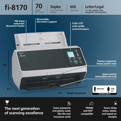 Ricoh fi-8170 Duplex Color Document Scanner 70 ppm PA03810-B055-BDL2
