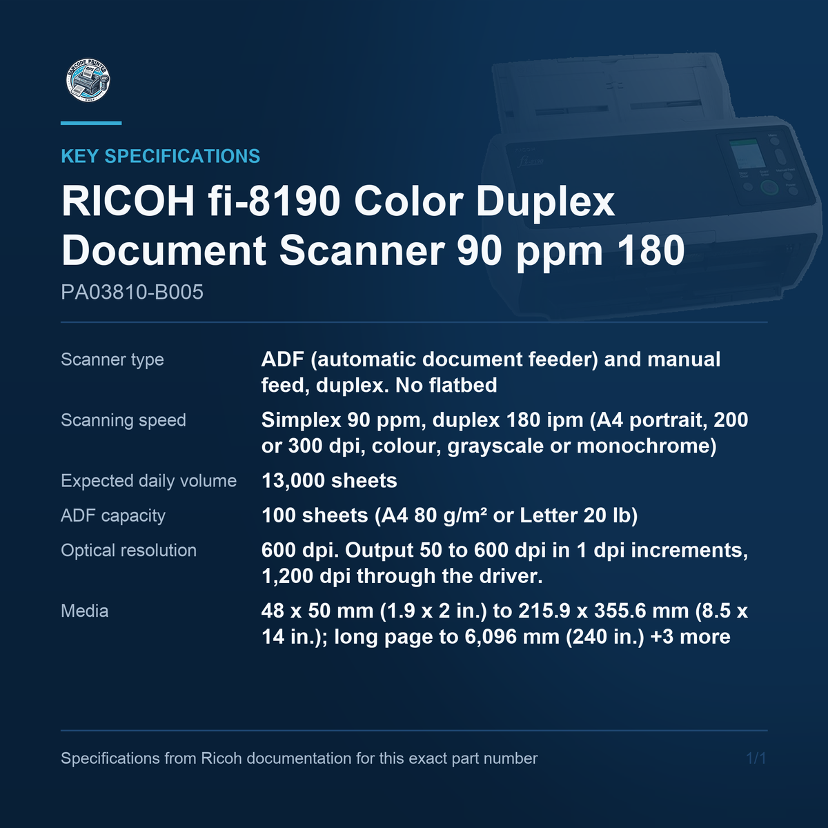 RICOH fi-8190 Color Duplex Document Scanner 90 ppm 180 PA03810-B005 key specifications
