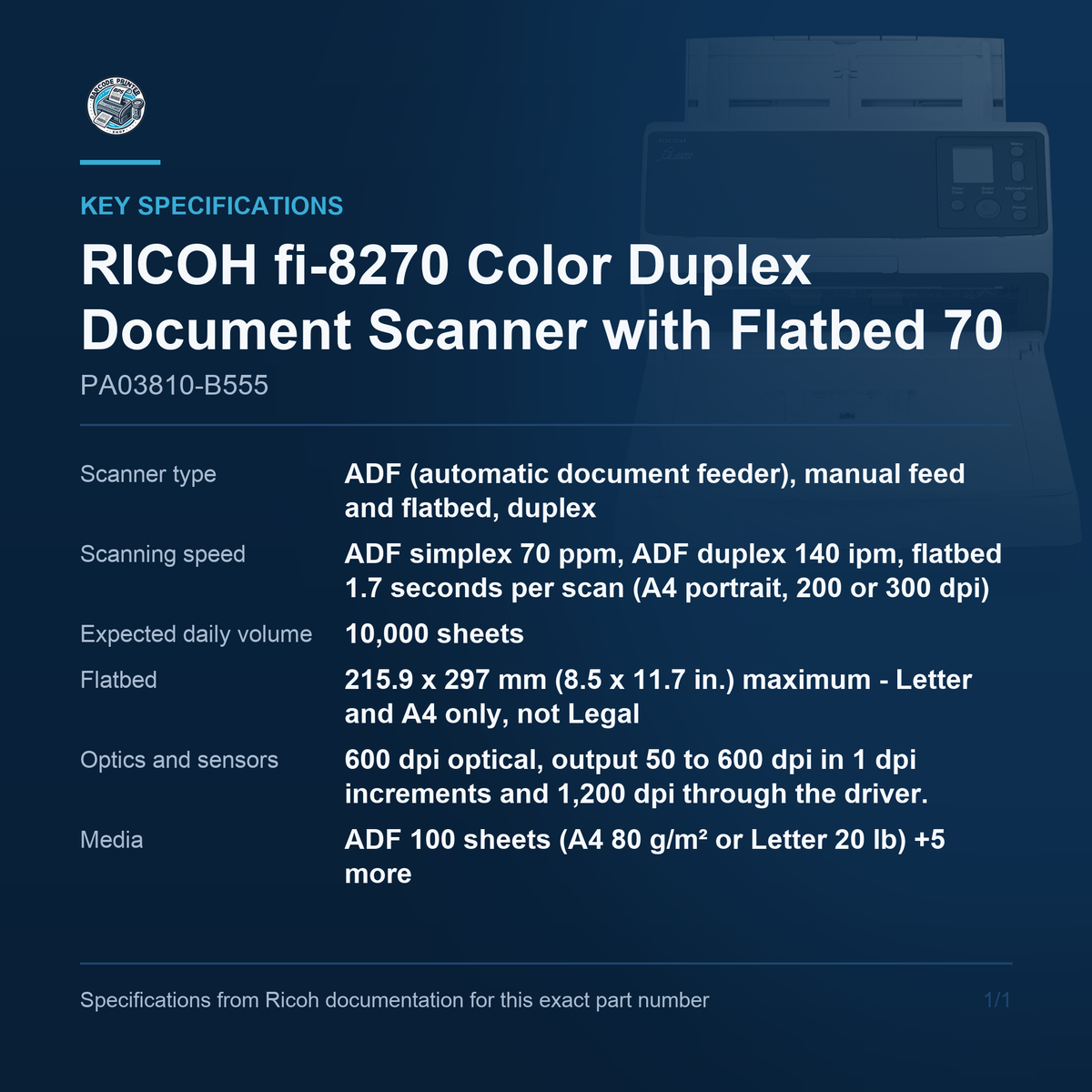 RICOH fi-8270 Color Duplex Document Scanner with Flatbed PA03810-B555 key specifications