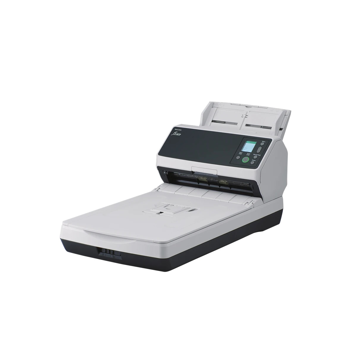 Ricoh fi-8270 document scanner with flatbed, left three-quarter view of the operator panel