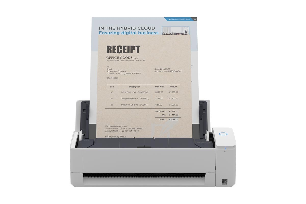 Ricoh ScanSnap iX1300 compact document scanner in white, elevated front view with the feed extension open