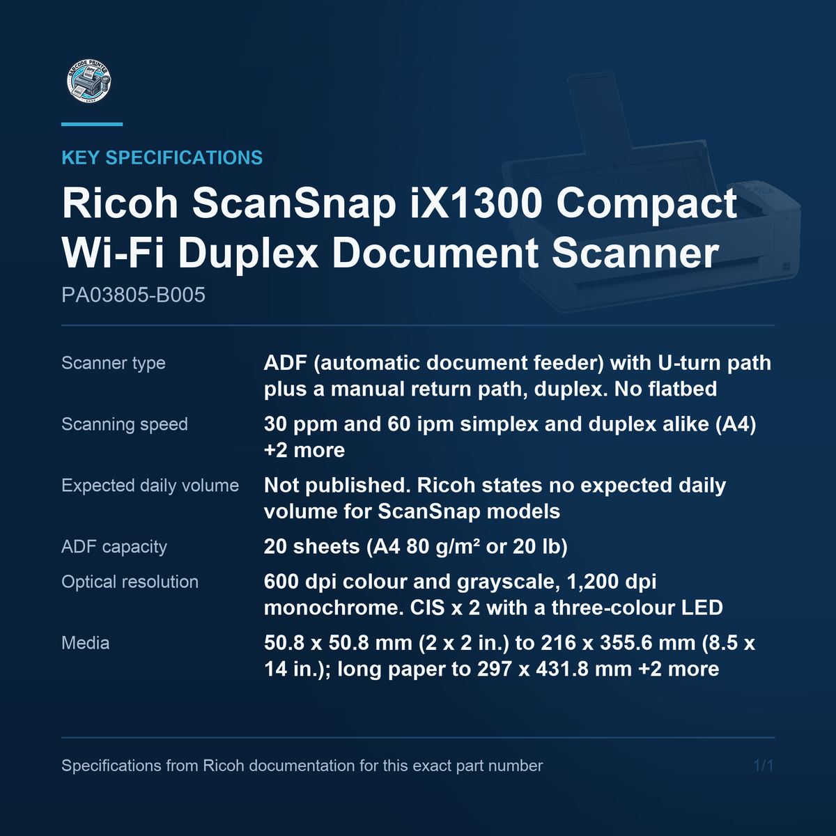 Ricoh ScanSnap iX1300 Compact Wi-Fi Duplex Document PA03805-B005 key specifications