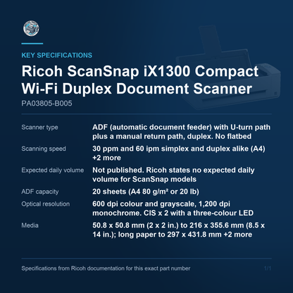 Ricoh ScanSnap iX1300 Compact Wi-Fi Duplex Document PA03805-B005 key specifications