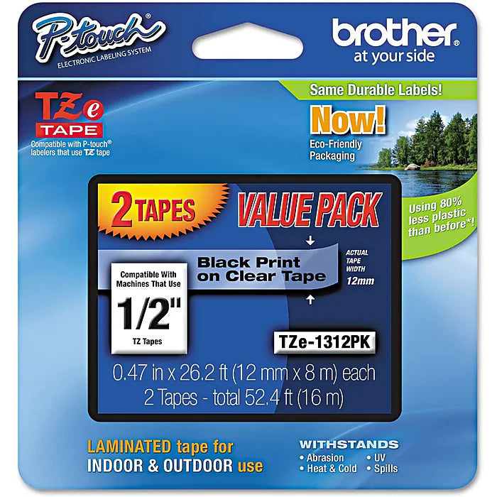 New, Pre-owned, Original Brother P-touch TZe-131 Laminated Label Maker Tape, 1/2" x 26-2/10', Black on Clear, 2/Pack (TZe-1312PK)