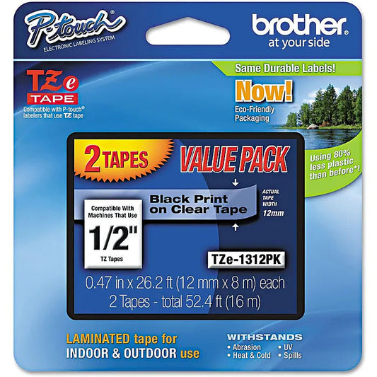 New, Pre-owned, Original Brother P-touch TZe-131 Laminated Label Maker Tape, 1/2" x 26-2/10', Black on Clear, 2/Pack (TZe-1312PK)