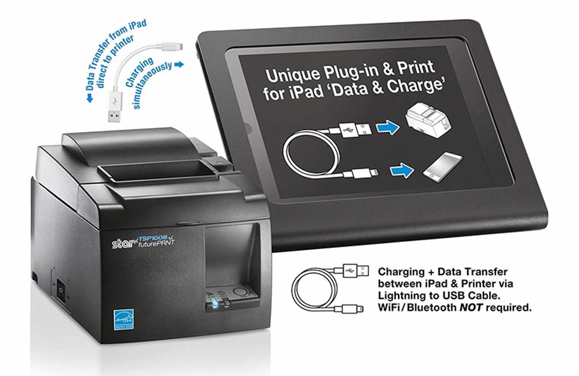 Star TSP143IIIU printing from an iPad over a single Lightning to USB cable
