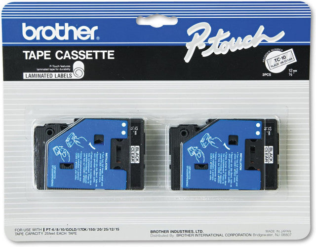 New, Pre-owned Original Brother TC-20 1/2 In. Standard Yield Black On White P-touch Tape, 2/Pack