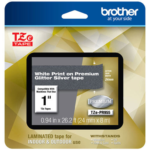 New, Pre-owned, Original Brother TZe-PR955 P-Touch Premium Laminated Tape White Print on Glitter Silver