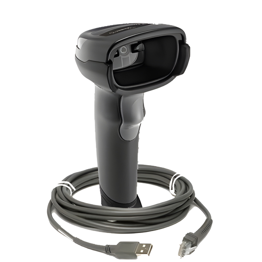 Zebra DS2208 corded 1D/2D barcode scanner in Twilight Black with its USB cable