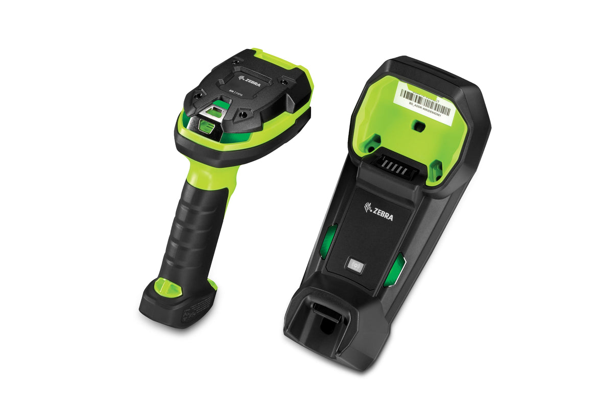 Zebra DS3678 ultra-rugged cordless scanner, rear view. Cradle shown is not included
