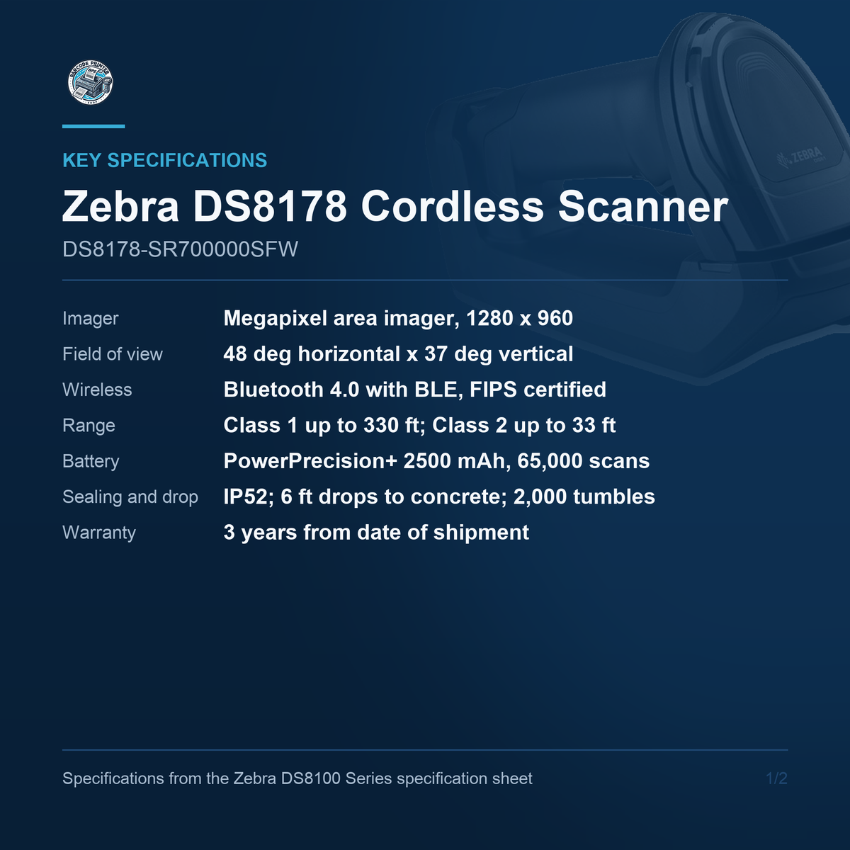 Zebra DS8178 Cordless Scanner DS8178-SR700000SFW key specifications
