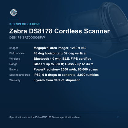 Zebra DS8178 Cordless Scanner DS8178-SR700000SFW key specifications