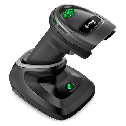 Zebra DS8178 cordless barcode scanner seated in its standard FIPS charging cradle
