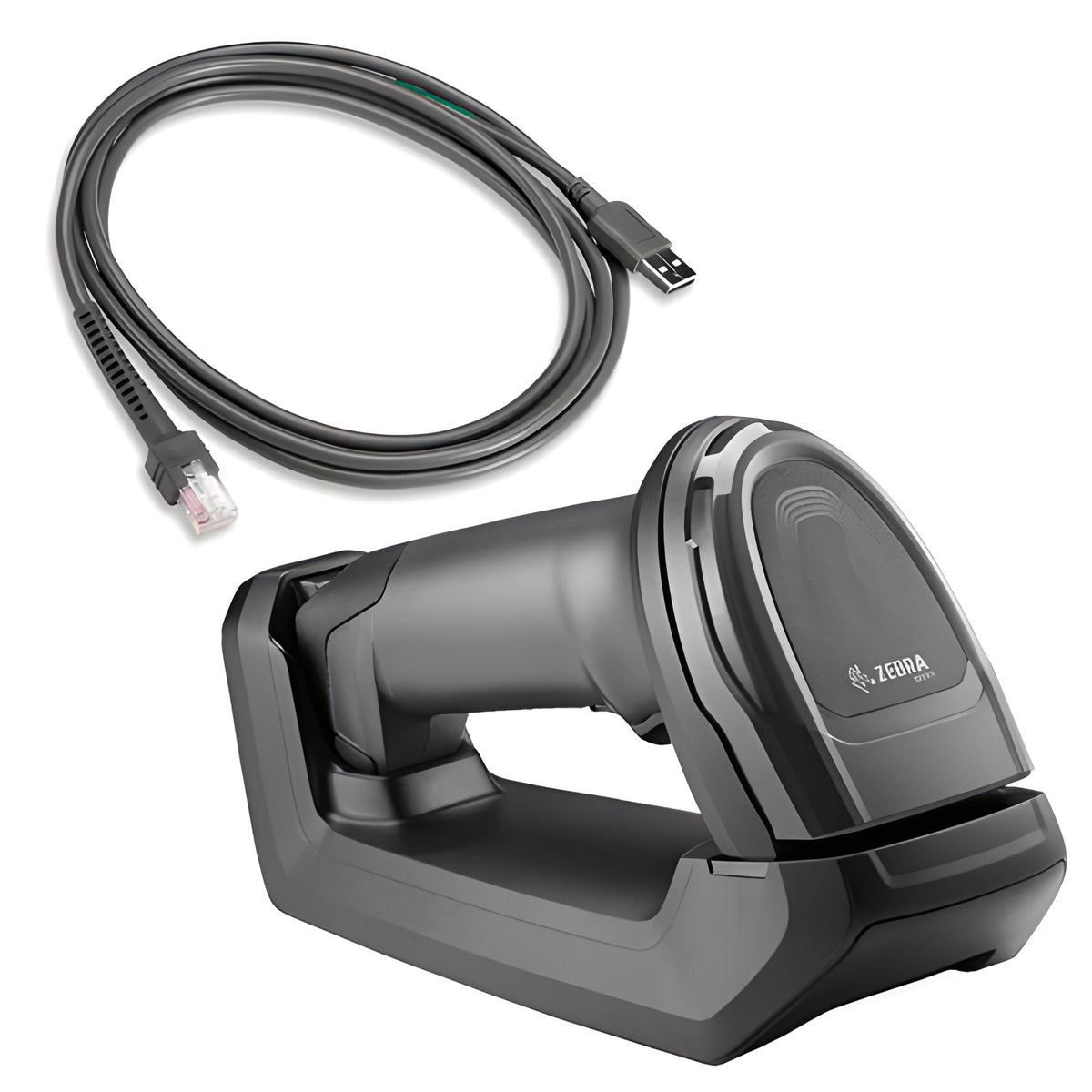 Zebra DS8178 — scanner in its charging cradle with USB cable