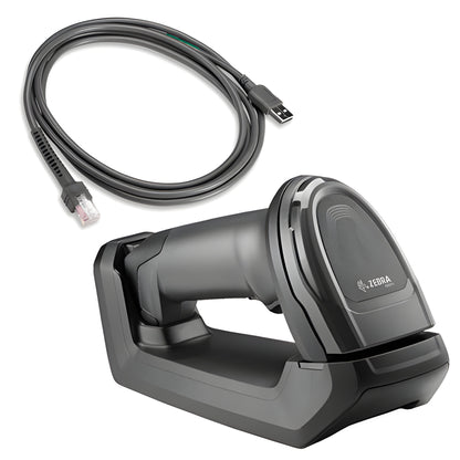 Zebra DS8178 — scanner in its charging cradle with USB cable
