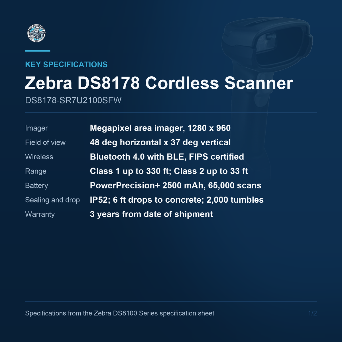 Zebra DS8178 Cordless Scanner DS8178-SR7U2100SFW key specifications