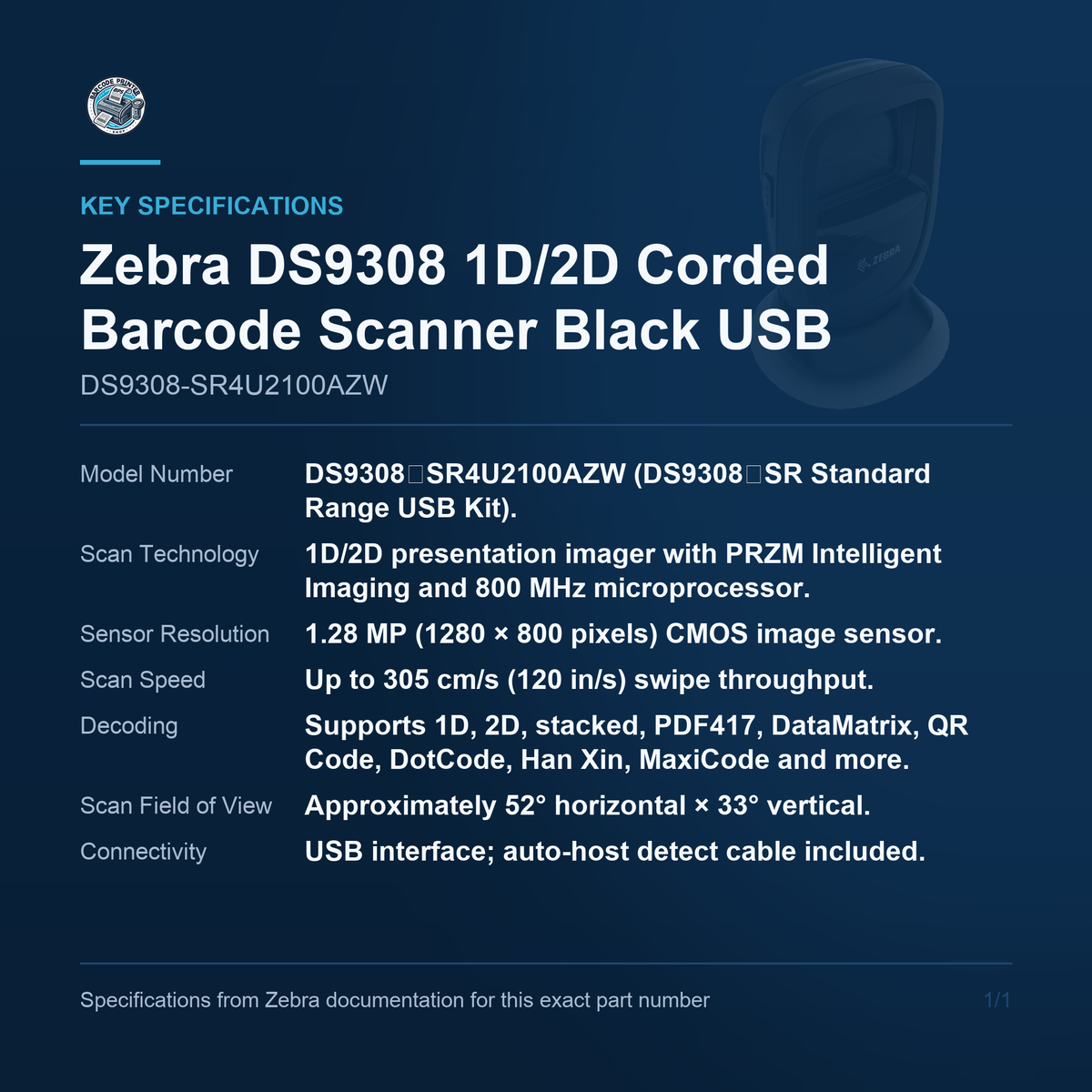 Zebra DS9308 1D/2D Corded Barcode Scanner Black DS9308-SR4U2100AZW key specifications