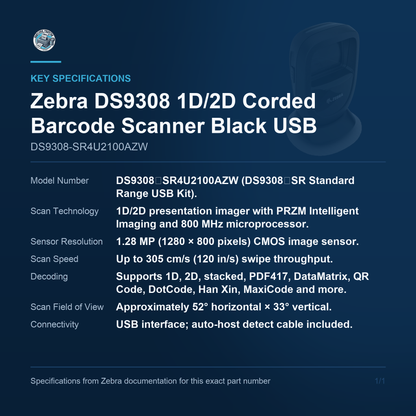 Zebra DS9308 1D/2D Corded Barcode Scanner Black DS9308-SR4U2100AZW key specifications
