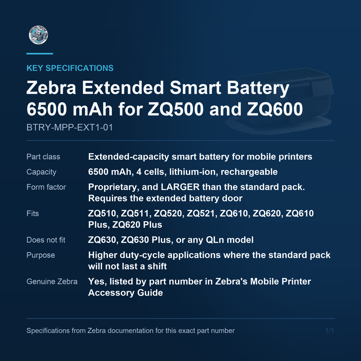 Zebra Extended Smart Battery 6500 mAh for ZQ500 and BTRY-MPP-EXT1-01 key specifications